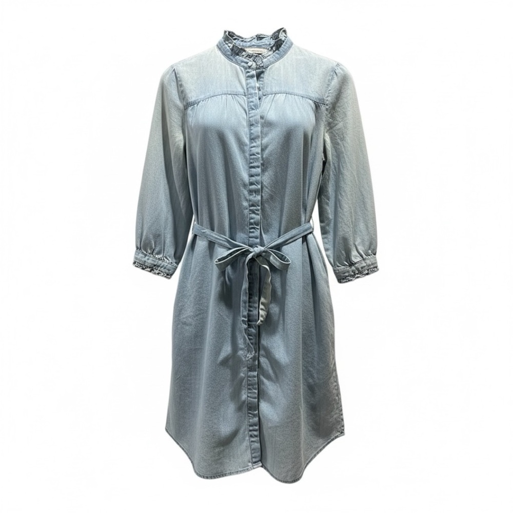 NY&Co Romantic Casual Light Washed Chambray Midi Dress – Ruffle High Neck, Cuff